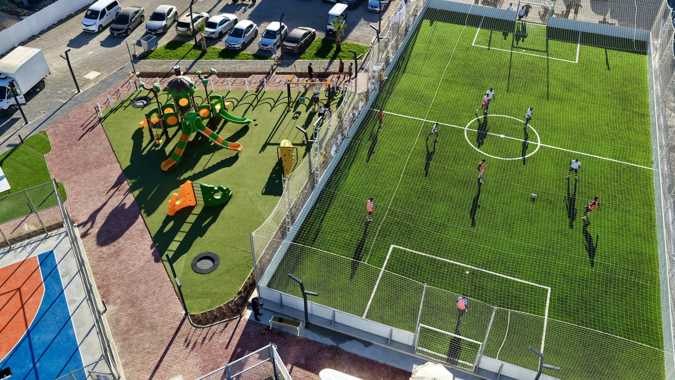 Football pitch beside the towers