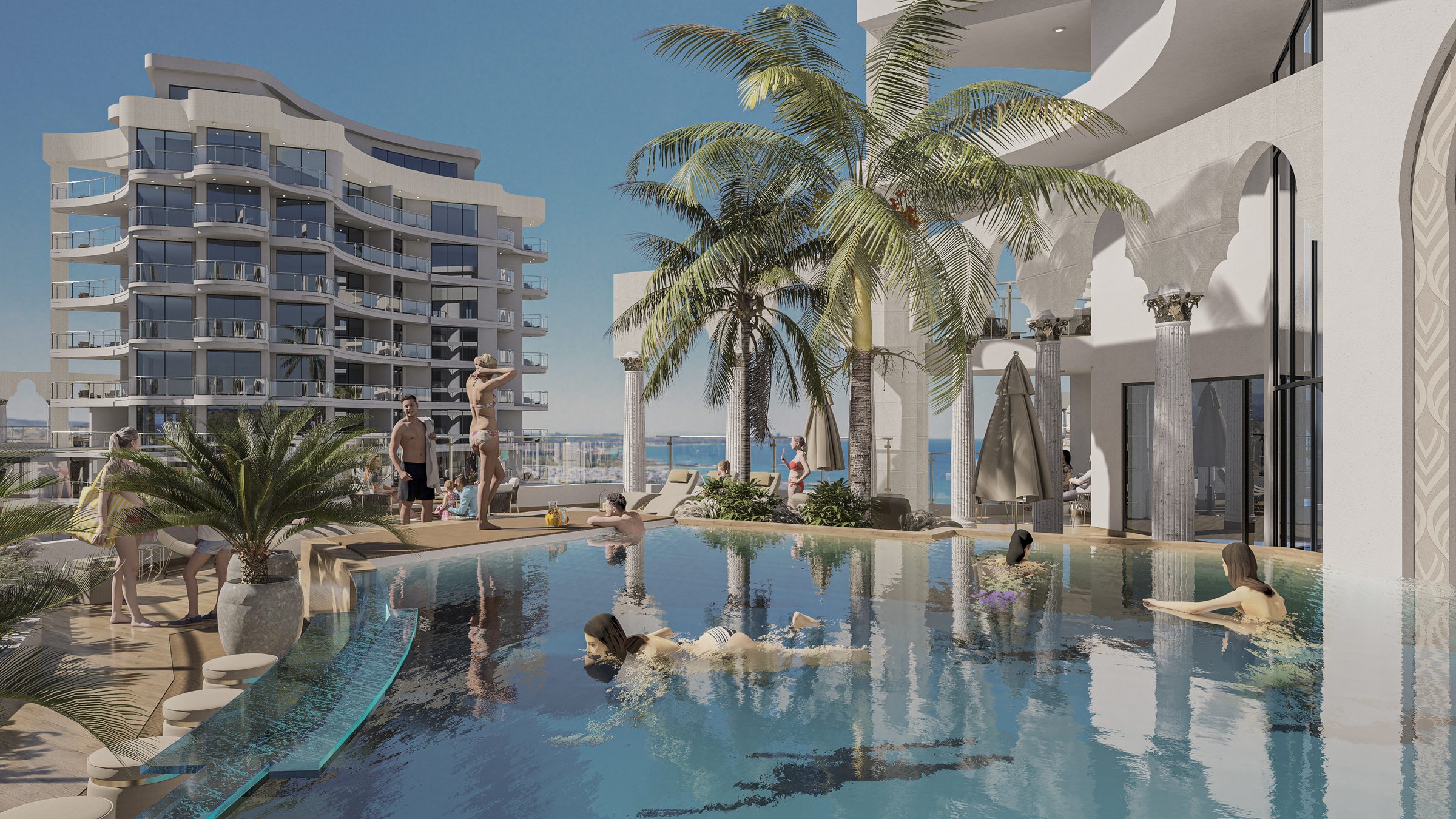 Pool and palms beside the towers