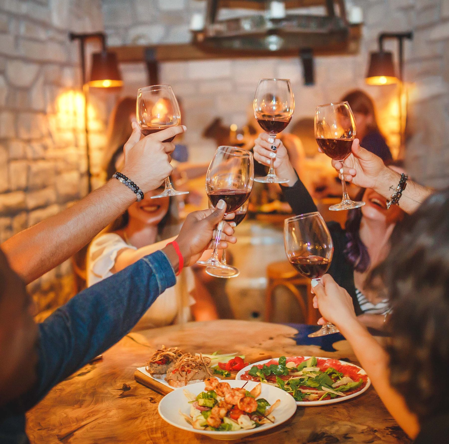 Friends toasting over dinner