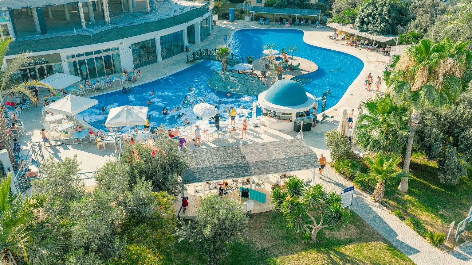 Pools and palm gardens from above