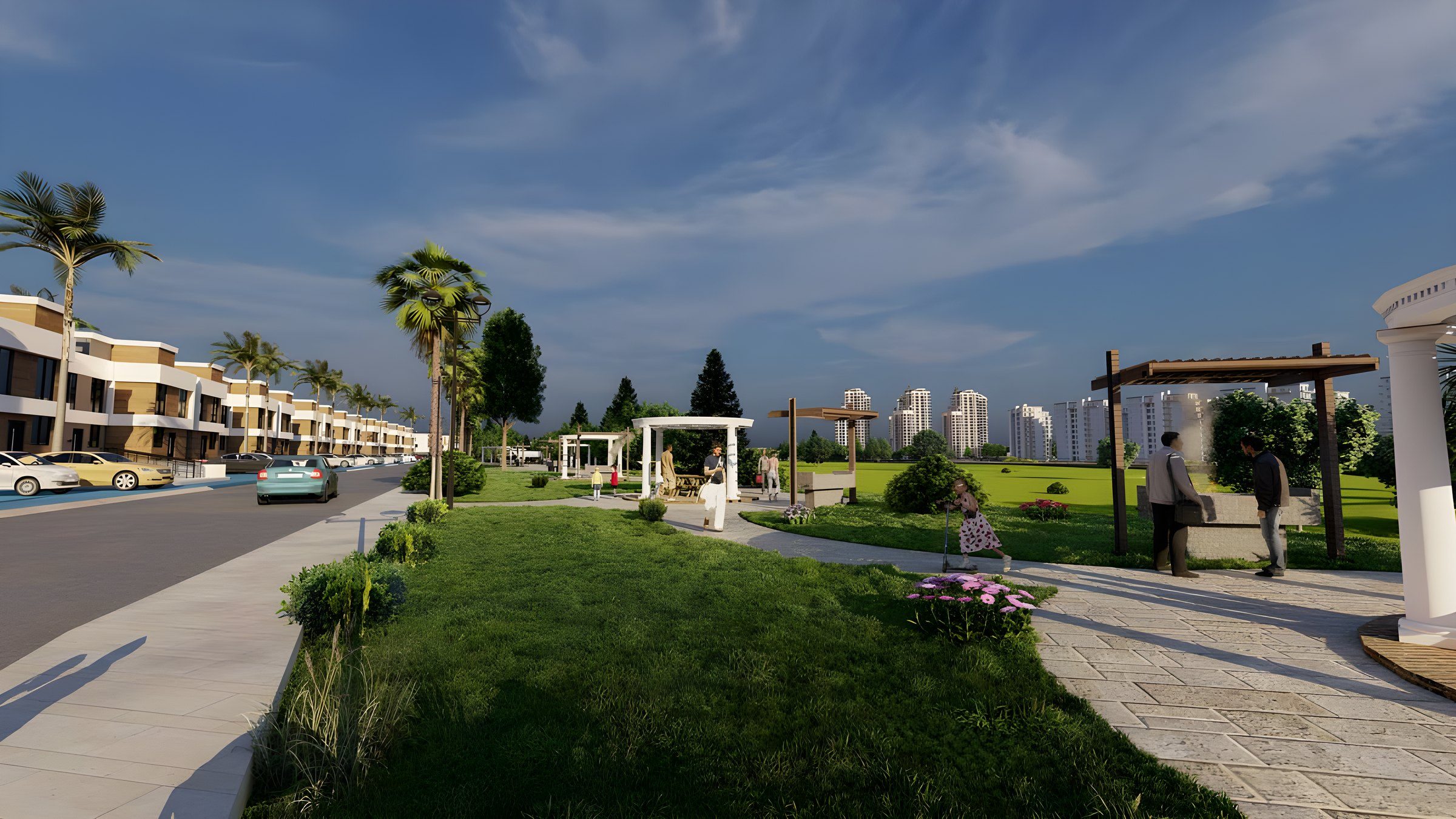 Tree-lined street between the villas