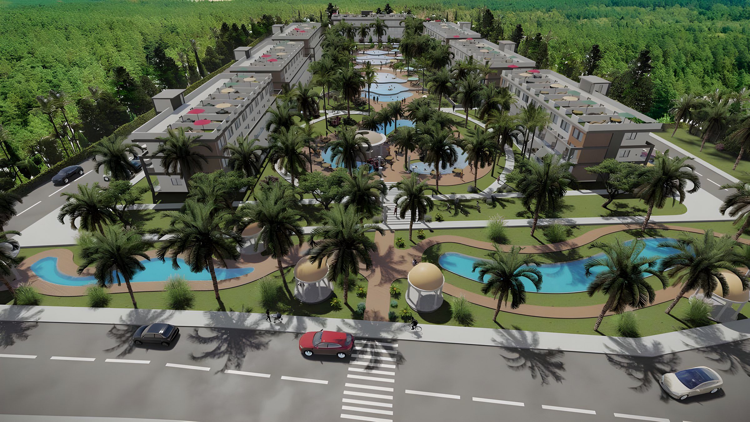 Villas and pools among palm gardens